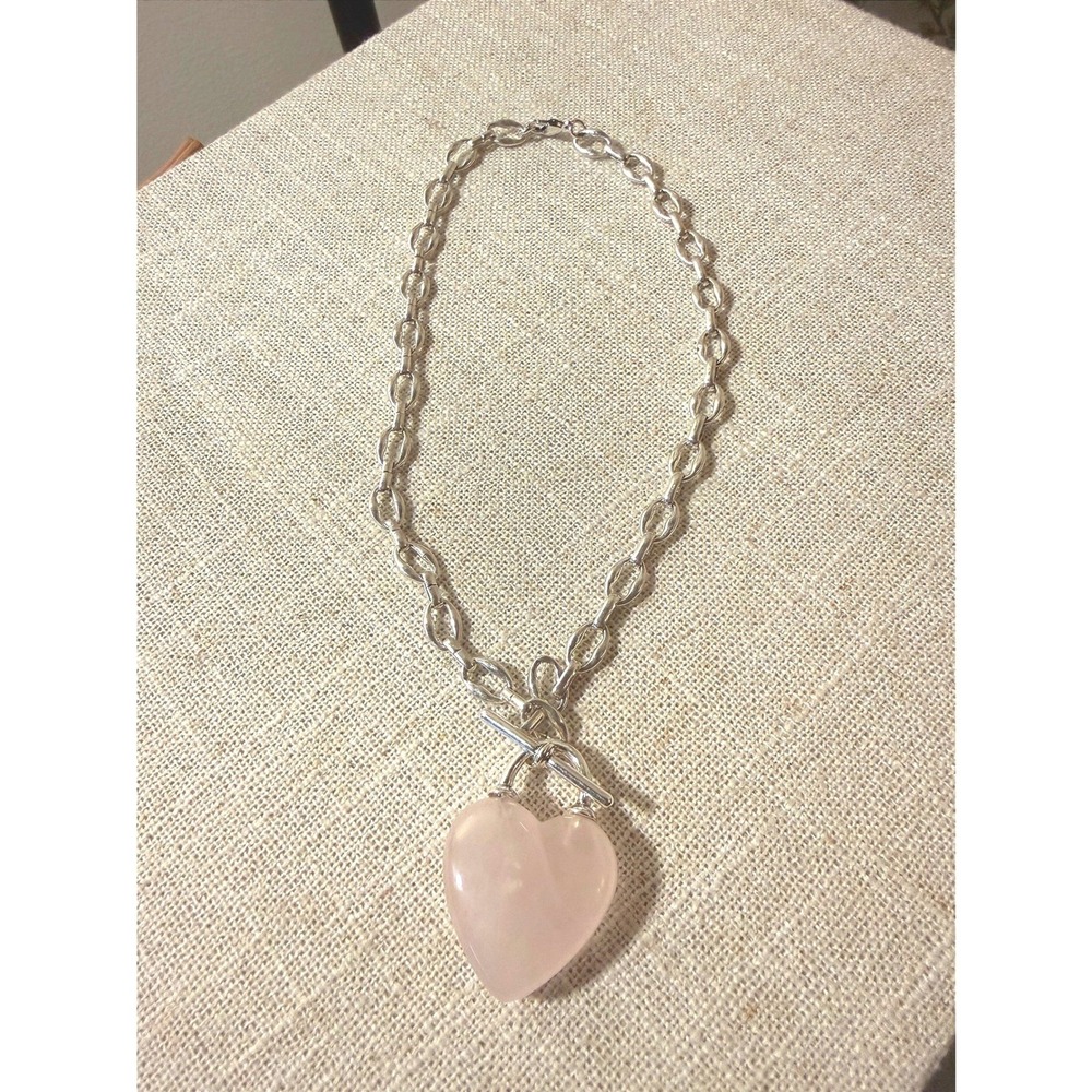 Rose Quartz heart chainlink silvertone trending chunky healing gemstone necklace